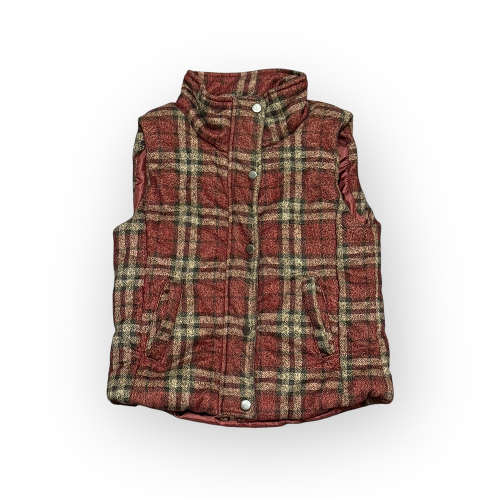 Vanilla Bay Women's Plaid Puffer Size Small Red Beige Quilted Snap Front - Picture 5 of 6